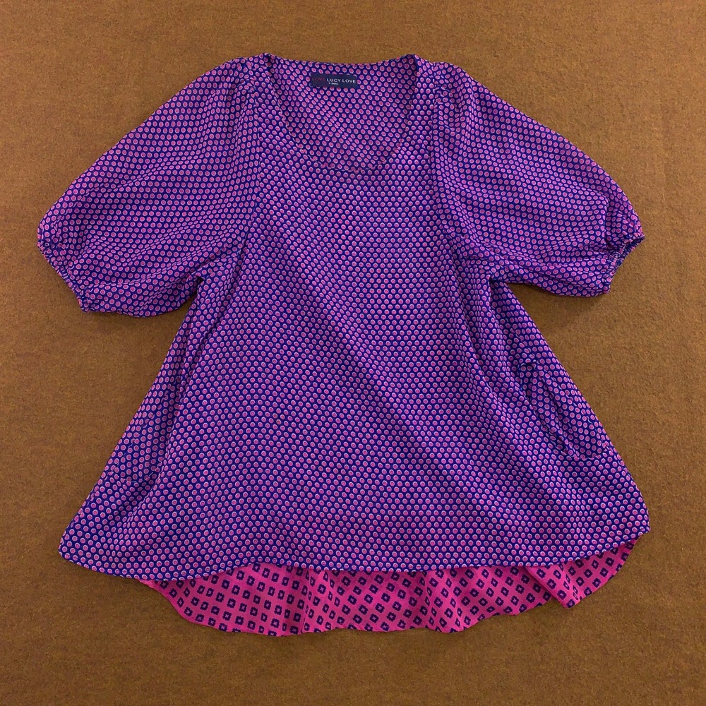 Love Lucy Love Womens XS Purple Pink Polka Dot High Low Puff Sleeve Blouse